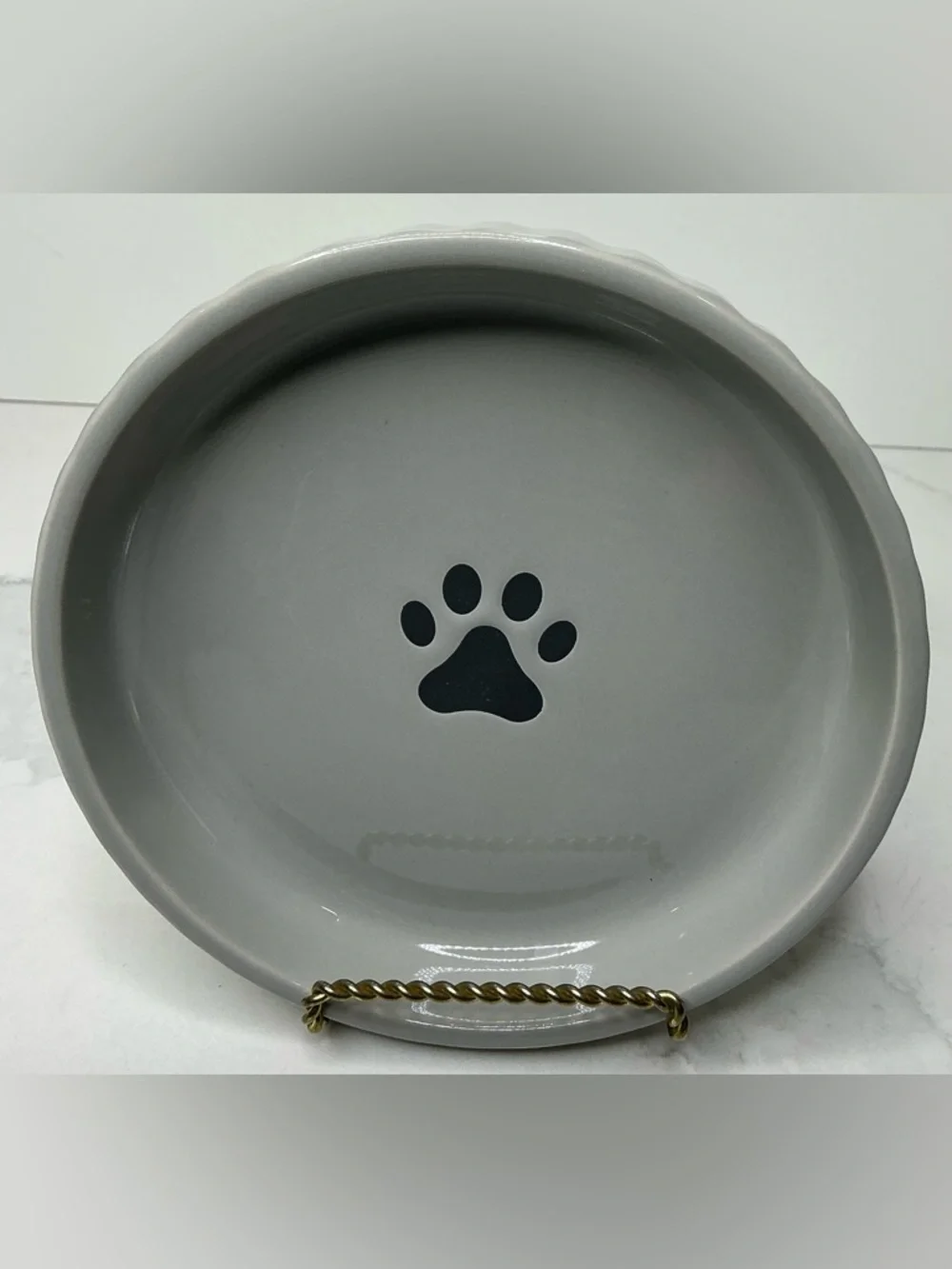 Gray Ceramic Pet Bowl with Black Paw Print